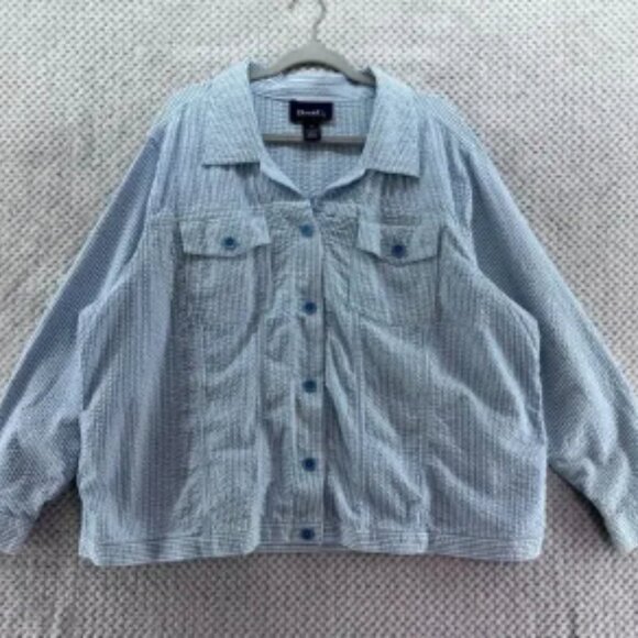 Denim &Co Jacket Womens 3X Blue White Striped Crinkle Cotton Collar Button Front - Picture 1 of 6